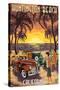 Huntington Beach, California - Woodies and Sunset-Lantern Press-Stretched Canvas