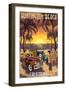 Huntington Beach, California - Woodies and Sunset-Lantern Press-Framed Art Print