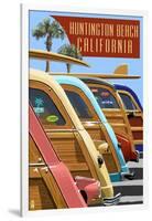 Huntington Beach, California - Woodies Lined Up-Lantern Press-Framed Art Print