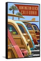 Huntington Beach, California - Woodies Lined Up-Lantern Press-Framed Stretched Canvas