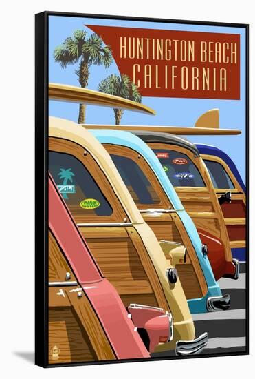 Huntington Beach, California - Woodies Lined Up-Lantern Press-Framed Stretched Canvas