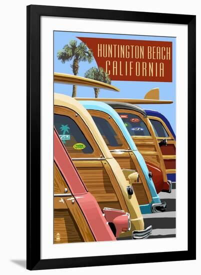 Huntington Beach, California - Woodies Lined Up-Lantern Press-Framed Art Print