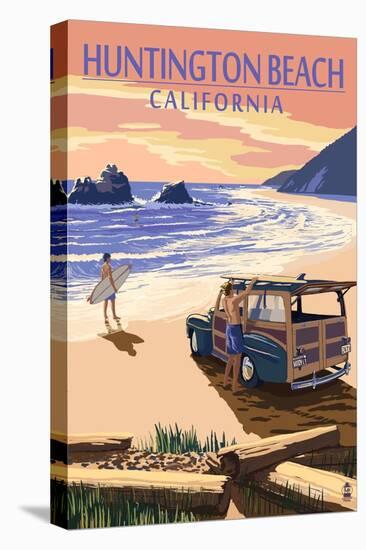 Huntington Beach, California - Woody on Beach-Lantern Press-Stretched Canvas