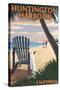 Huntington Harbour, California - Adirondack Chairs and Sunset-Lantern Press-Stretched Canvas