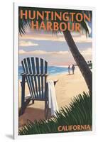 Huntington Harbour, California - Adirondack Chairs and Sunset-Lantern Press-Framed Art Print