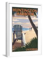 Huntington Harbour, California - Adirondack Chairs and Sunset-Lantern Press-Framed Art Print