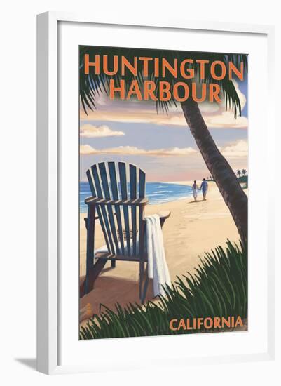 Huntington Harbour, California - Adirondack Chairs and Sunset-Lantern Press-Framed Art Print