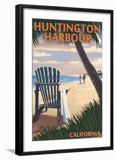 Huntington Harbour, California - Adirondack Chairs and Sunset-Lantern Press-Framed Art Print