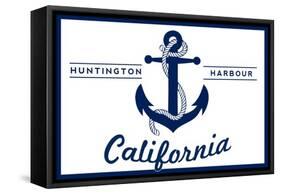 Huntington Harbour, California - Blue and White Anchor-Lantern Press-Framed Stretched Canvas