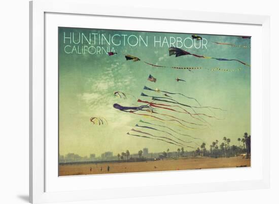 Huntington Harbour, California - Kites and Beach-Lantern Press-Framed Art Print