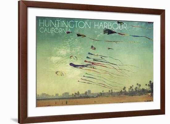 Huntington Harbour, California - Kites and Beach-Lantern Press-Framed Art Print