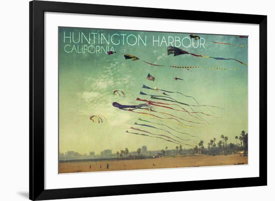 Huntington Harbour, California - Kites and Beach-Lantern Press-Framed Art Print