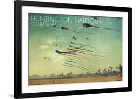 Huntington Harbour, California - Kites and Beach-Lantern Press-Framed Art Print