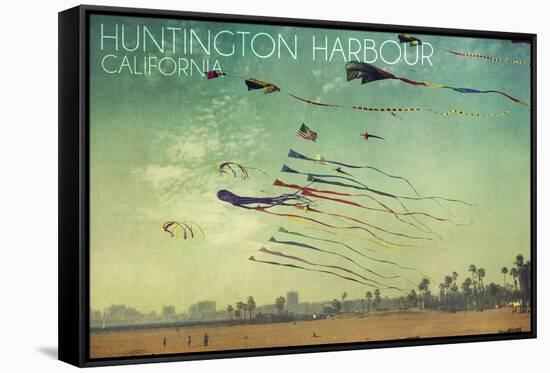 Huntington Harbour, California - Kites and Beach-Lantern Press-Framed Stretched Canvas