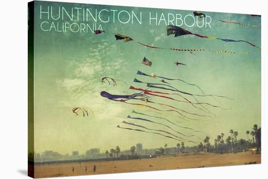 Huntington Harbour, California - Kites and Beach-Lantern Press-Stretched Canvas