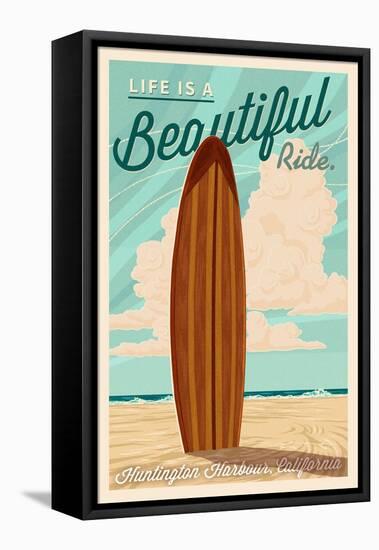Huntington Harbour, California - Letterpress - Life is a Beautiful Ride-Lantern Press-Framed Stretched Canvas