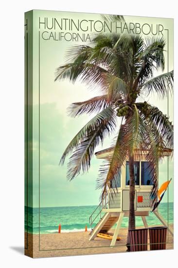 Huntington Harbour, California - Lifeguard Shack and Palm-Lantern Press-Stretched Canvas