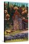 Huntsville, Alabama - Deer Family and Cabin Scene-Lantern Press-Stretched Canvas