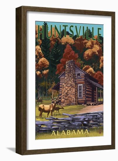 Huntsville, Alabama - Deer Family and Cabin Scene-Lantern Press-Framed Art Print