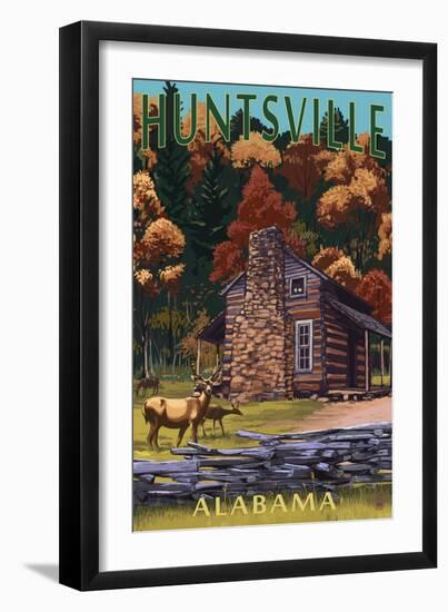 Huntsville, Alabama - Deer Family and Cabin Scene-Lantern Press-Framed Art Print