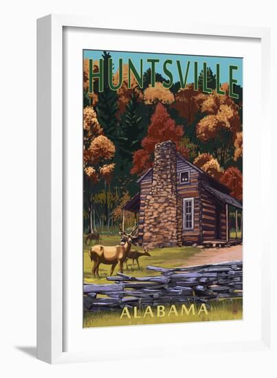 Huntsville, Alabama - Deer Family and Cabin Scene-Lantern Press-Framed Art Print