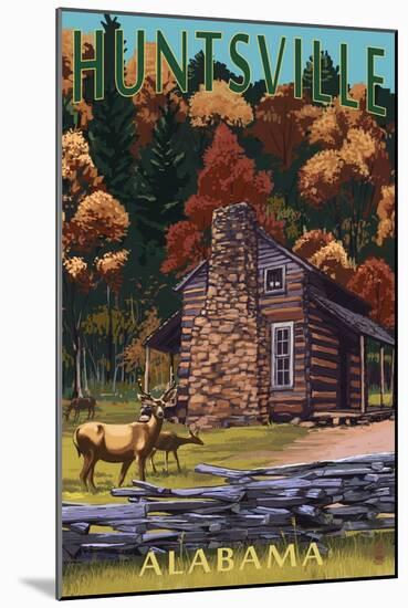 Huntsville, Alabama - Deer Family and Cabin Scene-Lantern Press-Mounted Art Print