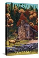 Huntsville, Alabama - Deer Family and Cabin Scene-Lantern Press-Stretched Canvas