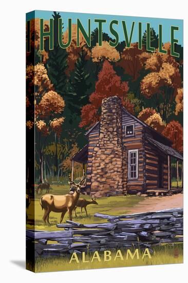 Huntsville, Alabama - Deer Family and Cabin Scene-Lantern Press-Stretched Canvas