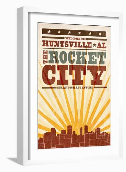 Huntsville, Alabama - Skyline and Sunburst Screenprint Style-Lantern Press-Framed Art Print