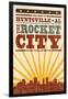 Huntsville, Alabama - Skyline and Sunburst Screenprint Style-Lantern Press-Framed Art Print