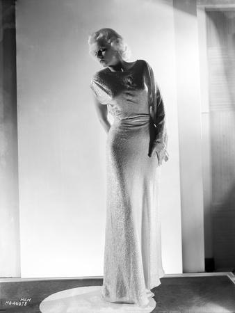 Jean Harlow Posed in White High Neck Long Sleeve Silk Dress with Long Pencil Skirt