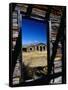 Hut Framed by Window of Burnt Log Cabin, Wind River Country, Lander, USA-Brent Winebrenner-Framed Stretched Canvas