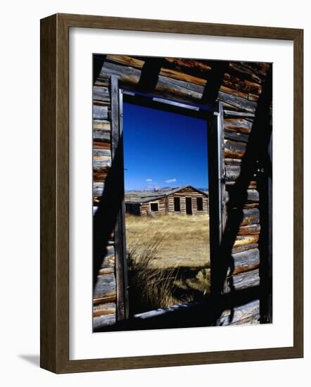 Hut Framed by Window of Burnt Log Cabin, Wind River Country, Lander, USA-Brent Winebrenner-Framed Photographic Print