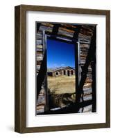 Hut Framed by Window of Burnt Log Cabin, Wind River Country, Lander, USA-Brent Winebrenner-Framed Photographic Print