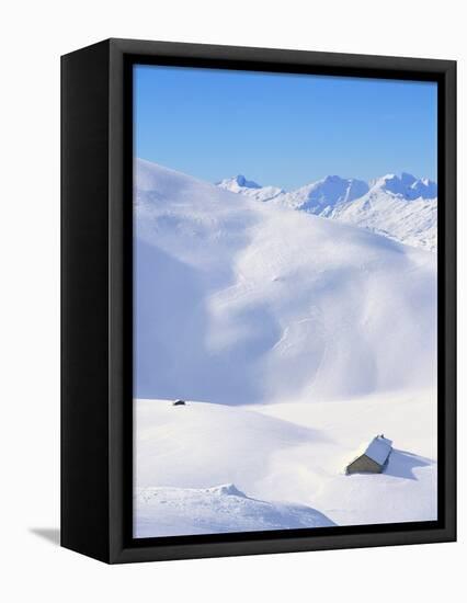 Hut in mountains, winter, Lenzerheide, Graubunden Canton, Switzerland-null-Framed Stretched Canvas