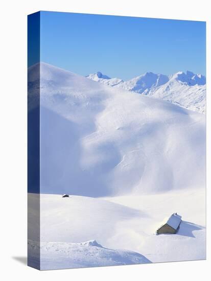 Hut in mountains, winter, Lenzerheide, Graubunden Canton, Switzerland-null-Stretched Canvas