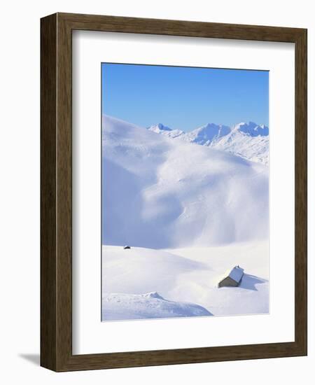 Hut in mountains, winter, Lenzerheide, Graubunden Canton, Switzerland-null-Framed Photographic Print