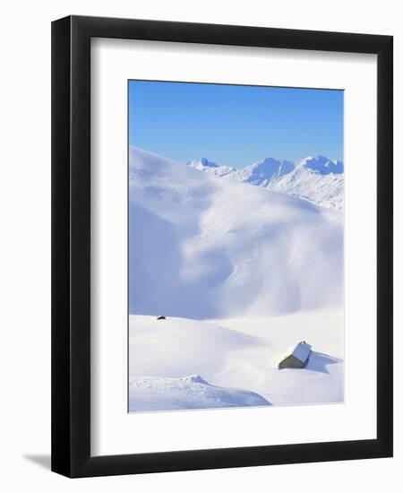 Hut in mountains, winter, Lenzerheide, Graubunden Canton, Switzerland-null-Framed Photographic Print