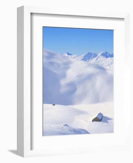 Hut in mountains, winter, Lenzerheide, Graubunden Canton, Switzerland-null-Framed Photographic Print