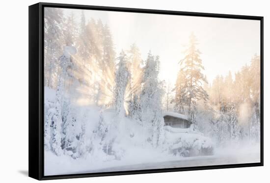 Hut near Water and Misty Forest in Winter-Risto0-Framed Stretched Canvas