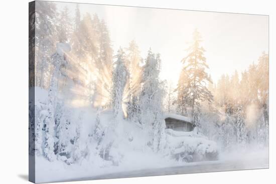 Hut near Water and Misty Forest in Winter-Risto0-Stretched Canvas