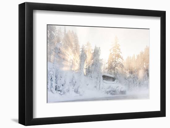 Hut near Water and Misty Forest in Winter-Risto0-Framed Photographic Print