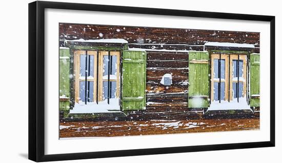 hut window with shutters, snowdrift, detail-Martin Ley-Framed Photographic Print
