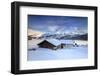 Huts and mountains covered in snow at sunset Spluga Maloja Canton of Graubunden Engadin Switzerland-ClickAlps-Framed Photographic Print