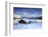 Huts and mountains covered in snow at sunset Spluga Maloja Canton of Graubunden Engadin Switzerland-ClickAlps-Framed Photographic Print