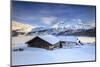 Huts and mountains covered in snow at sunset Spluga Maloja Canton of Graubunden Engadin Switzerland-ClickAlps-Mounted Photographic Print