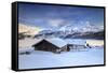 Huts and mountains covered in snow at sunset Spluga Maloja Canton of Graubunden Engadin Switzerland-ClickAlps-Framed Stretched Canvas