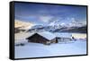 Huts and mountains covered in snow at sunset Spluga Maloja Canton of Graubunden Engadin Switzerland-ClickAlps-Framed Stretched Canvas