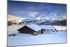 Huts and mountains covered in snow at sunset Spluga Maloja Canton of Graubunden Engadin Switzerland-ClickAlps-Mounted Photographic Print