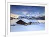Huts and mountains covered in snow at sunset Spluga Maloja Canton of Graubunden Engadin Switzerland-ClickAlps-Framed Photographic Print